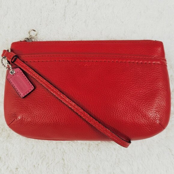 COACH Coral Red Pebble Leather Large Wallet Wristlet Purse - Picture 1 of 14